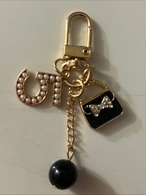 Gold-tone Pearl Initial & Black Charm Keychain